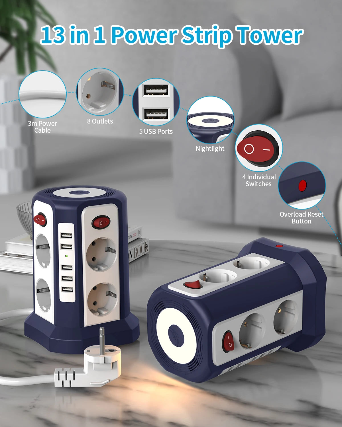 Zenlix™	Smart Socket Tower with 5 USB Ports Multi-function