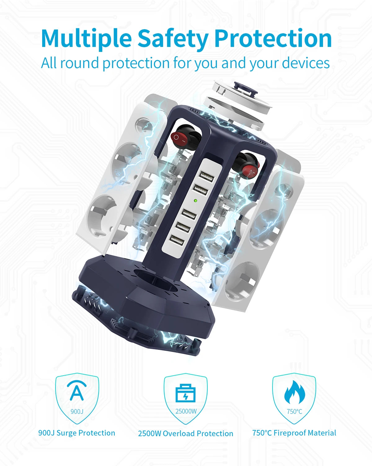 Zenlix™	Smart Socket Tower with 5 USB Ports Multi-function
